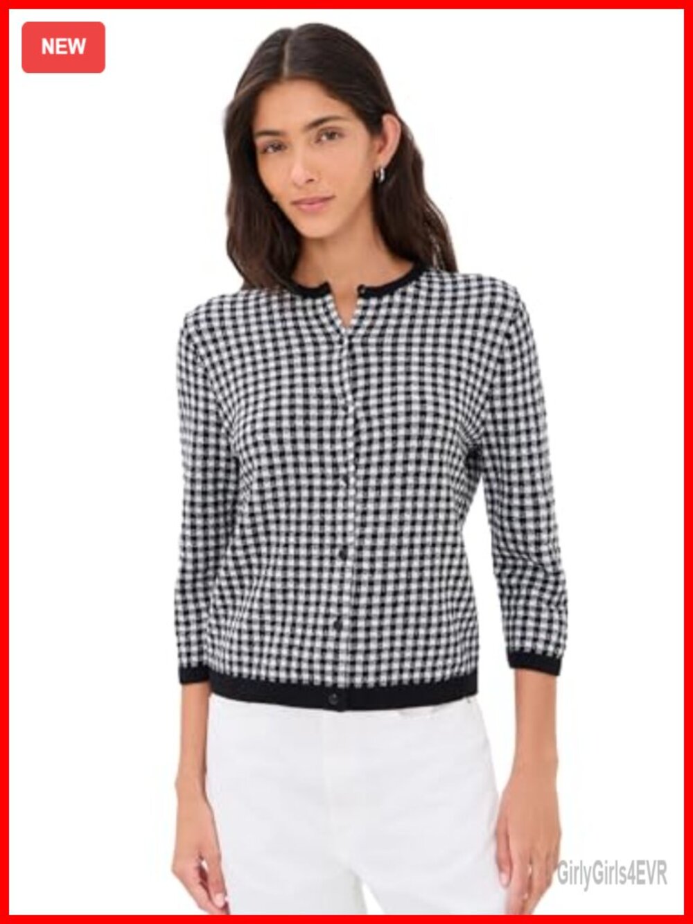 Gingham 3/4 Sleeve Cardigan Button Front Crew Neck Spring Summer